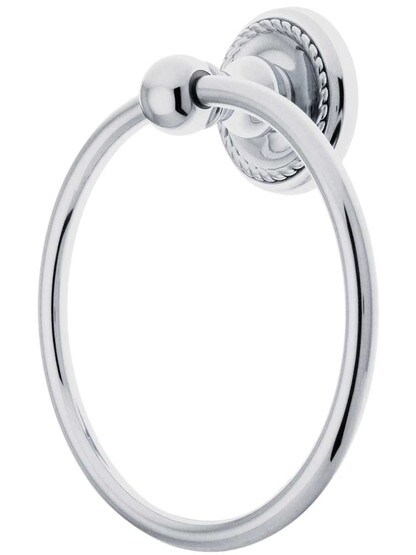 Brass Towel Ring with Rope Rosette in Polished Chrome.
